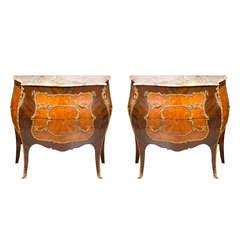 Vintage A Pair of French Bombe Marble Top Commodes / Nightstands