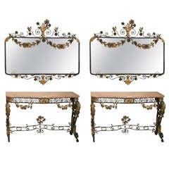 Pair of Art Deco Metal Consoles with Matching Mirrors