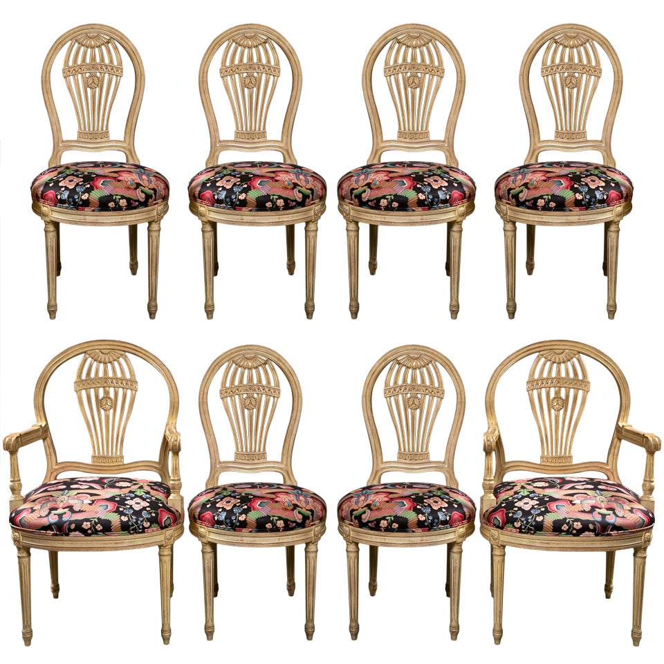 Set of 8 French Painted Balloon-Back Dining Chairs by Jansen