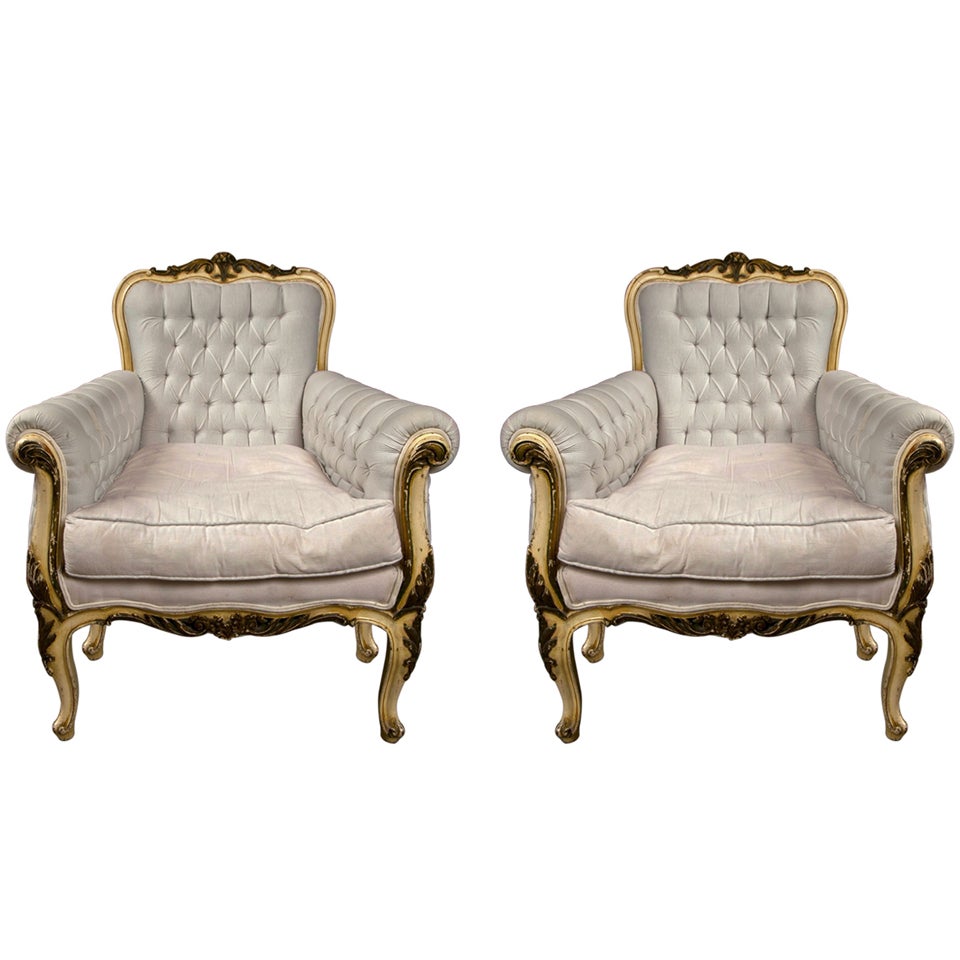 Pair of French Rococo Style Bergere Chairs attrib to Jansen