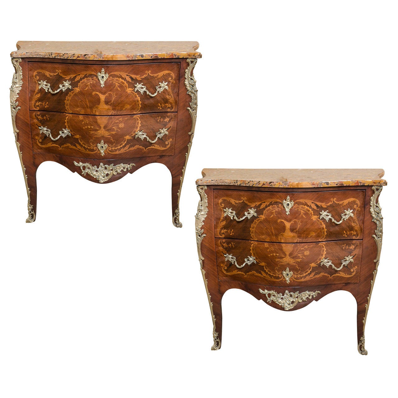 Pair of Marble-Top Bombe Commodes