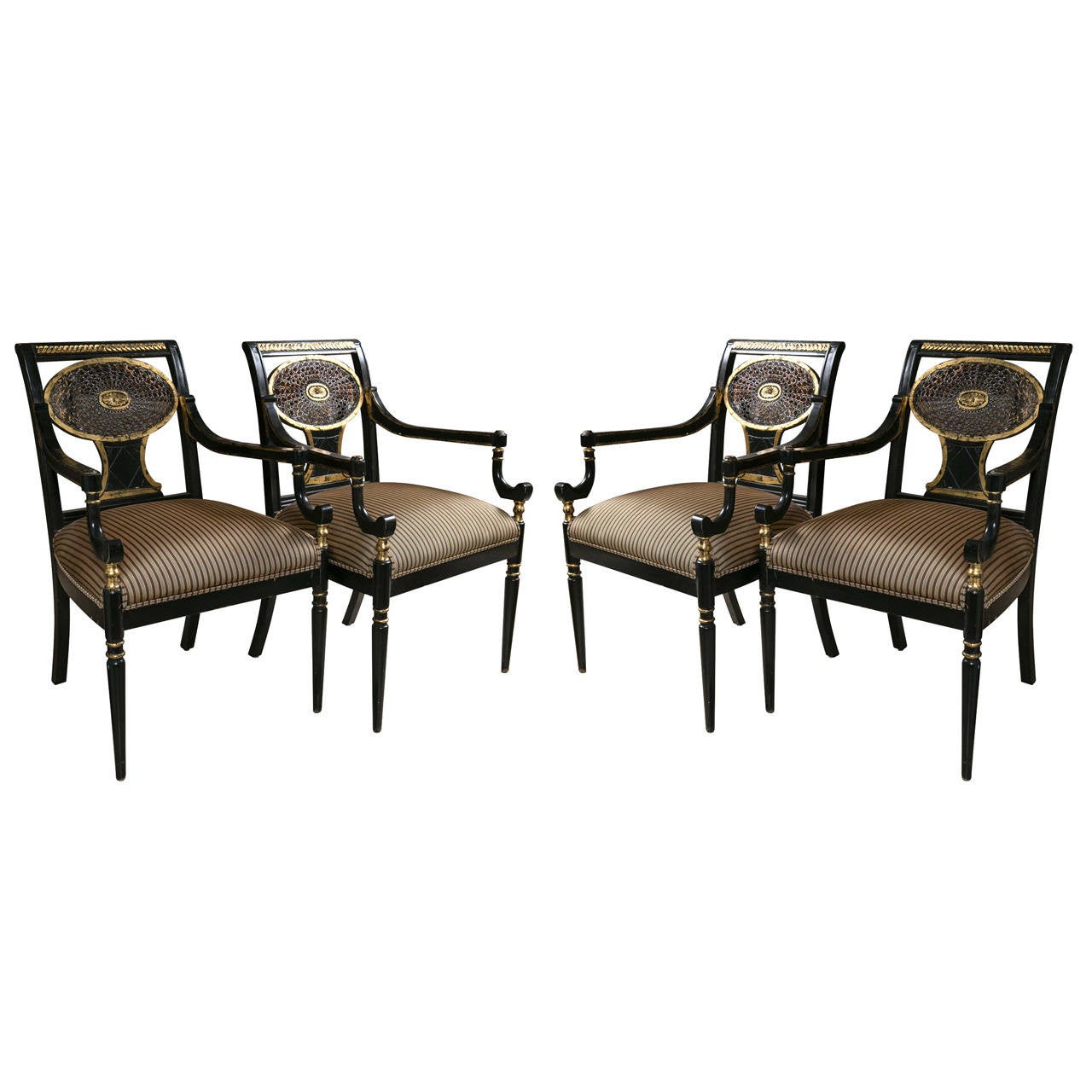 Set of Four Ebonized Gilt Decorated Armchairs