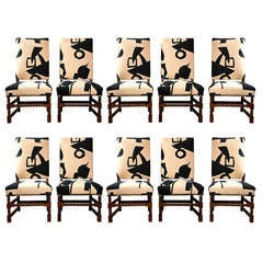Vintage Set of Ten Farm Chairs in Art Deco Fabric.
