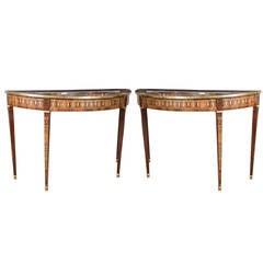 Pair of Russian Neoclassical Rosewood Inlaid, Demilune Console Tables