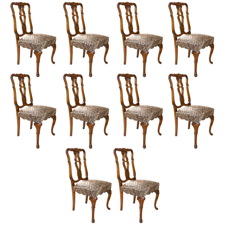 Set Ten Fine Queen Anne Styled Dining Chairs In New Fabric Walnut Cabriole Legs