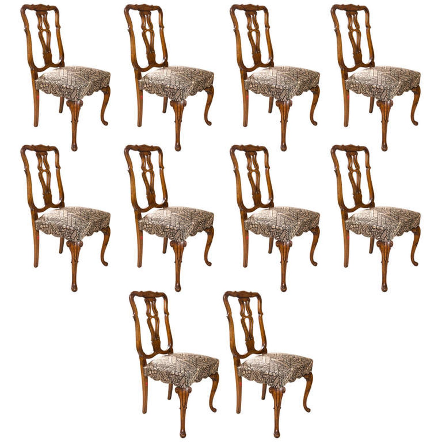 Set Ten Fine Queen Anne Styled Dining Chairs In New Fabric Walnut Cabriole Legs At 1stdibs