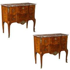 Pair of Transitional Louis XV Style Marble Top French Commodes