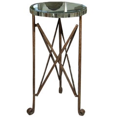 Decorative Circular Mirror Top Patinated Metal Stand On Scrolled Feet
