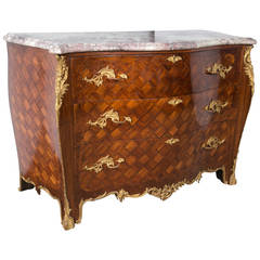 Late 19th Century Louis XV Marble-Top Parquetry Inlaid Bombe Commode