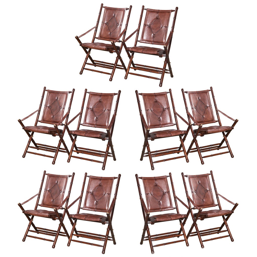 Set Ten Leather Bamboo Style Folding Chairs In Fine Button Tufted Leather