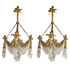 Pair of Bronze and Crystal Chandeliers Late 19th Century