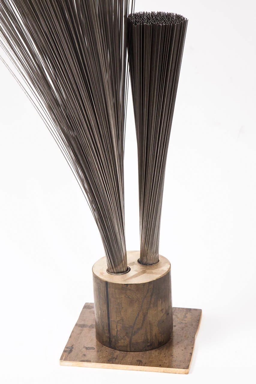 Silvered Val Bertoia Double Vertical Spray Sculpture, Steel Wires with Brass Base, 2014 For Sale