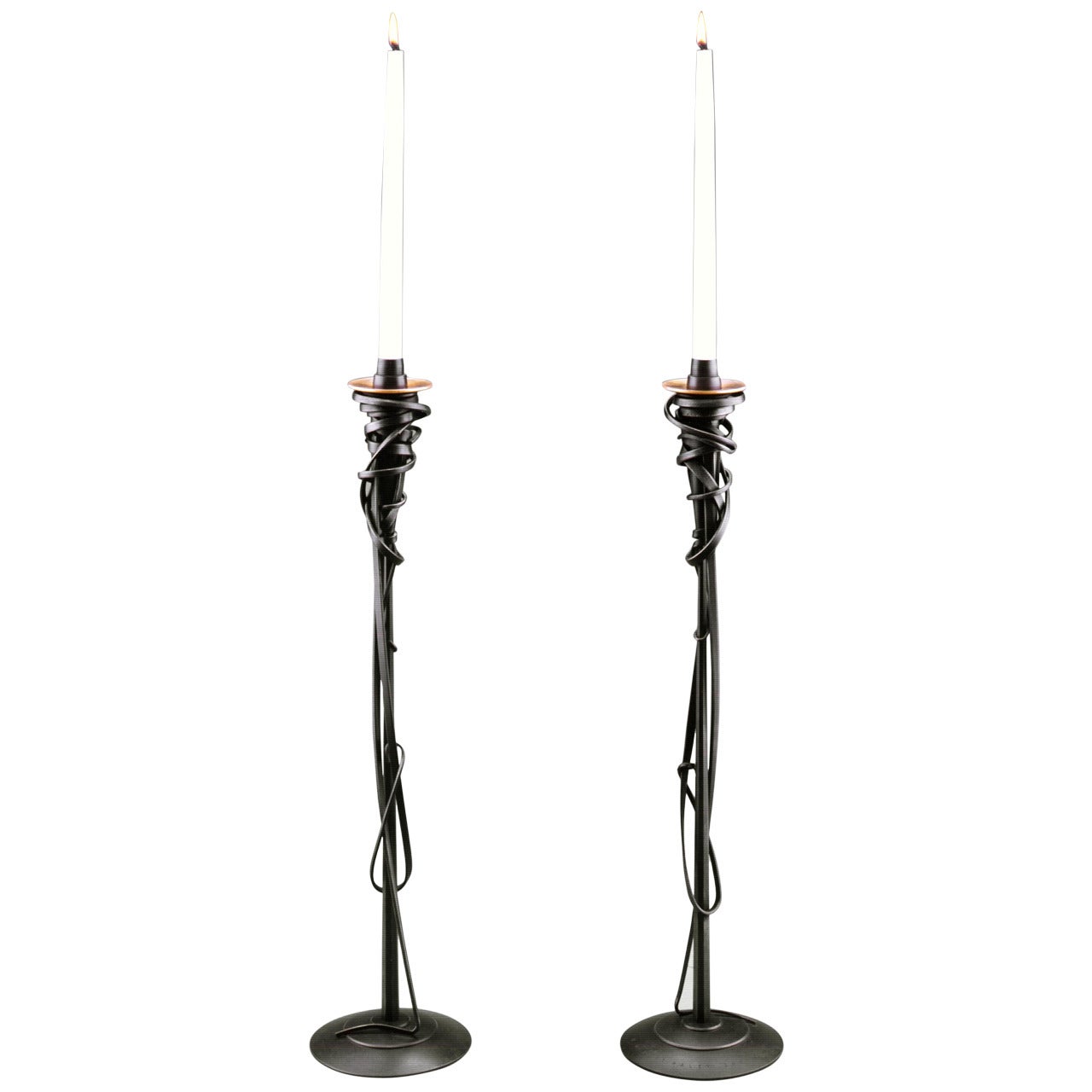Pair of Albert Paley "Tall Candleholders", Blackened Metal and Brass, 2001