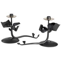 Pair of Albert Paley "Tuft Candleholders", Blackened Metal and Brass, 2001