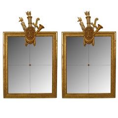 Pair of Italian Neoclassic Gilt Fleur De Lis Pediment Wall Mirrors