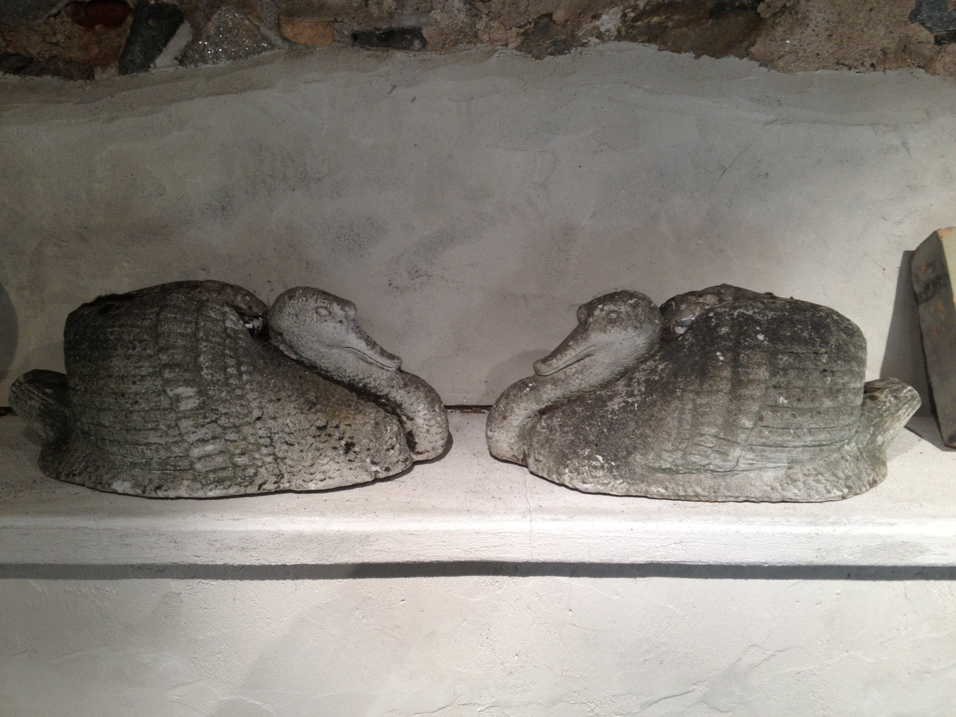 Pair of Sinuous Stylized French Cast Stone Swans