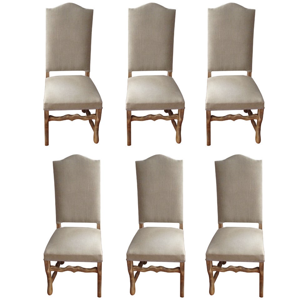 Set of Six Beech Louis XIII-Style Os de Mouton Dining Chairs