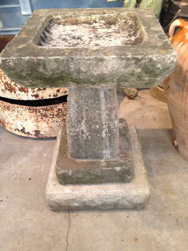 We love this charming birdbath for its wonderful weathering, commodious bowl with wide edges, and tiered base.  In 4 parts, the top can be turned over to winter in the coldest of climates.  Beautiful in the center of a small herb garden or potager.