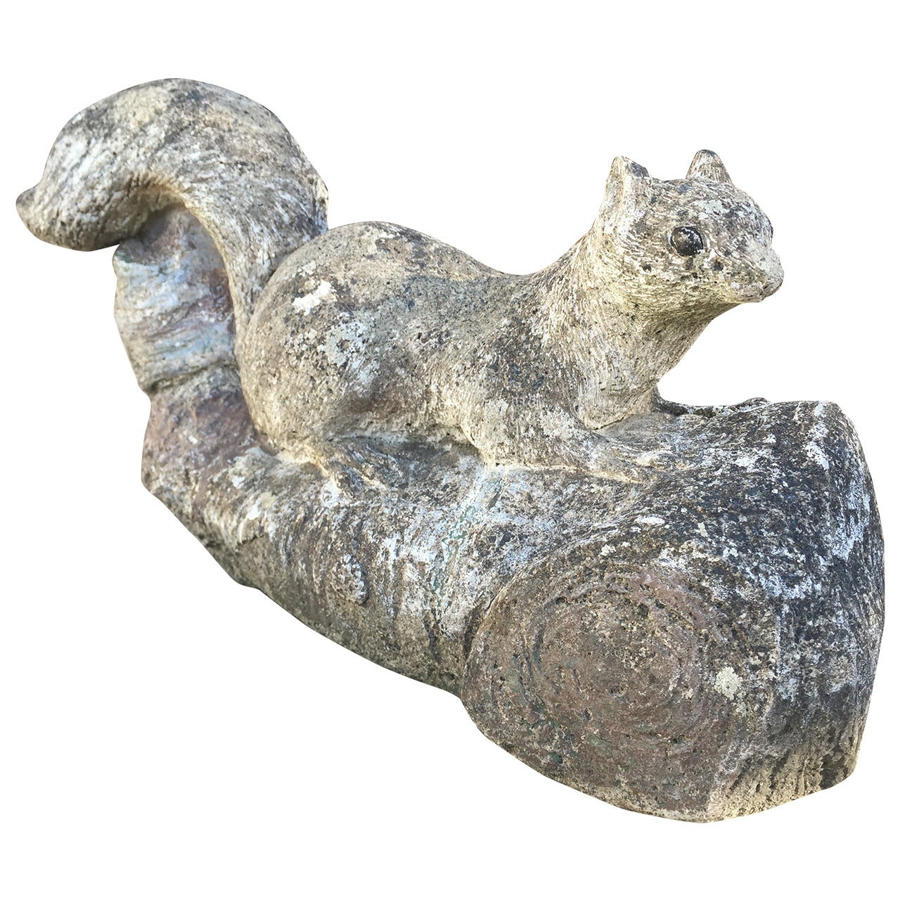 English Cast Stone Squirrel on Log Statue