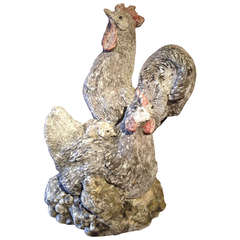 Vintage Rustic Grouping of Cast Stone Cock, Hen and Chicks