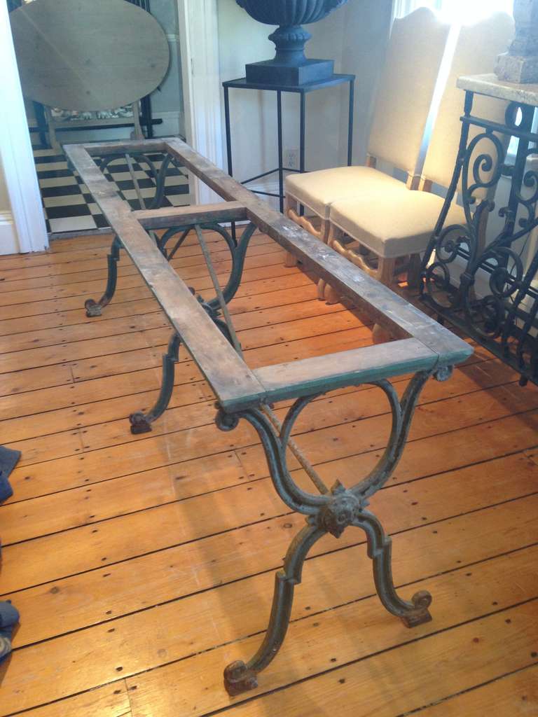 What a find!  A long cast iron table base in lovely old dark green painted surface with hints of blue.  Suitable for seating 10, as it will take a 36
