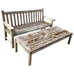 Vintage Lichen-Encrusted Teak Bench and Coffee Table
