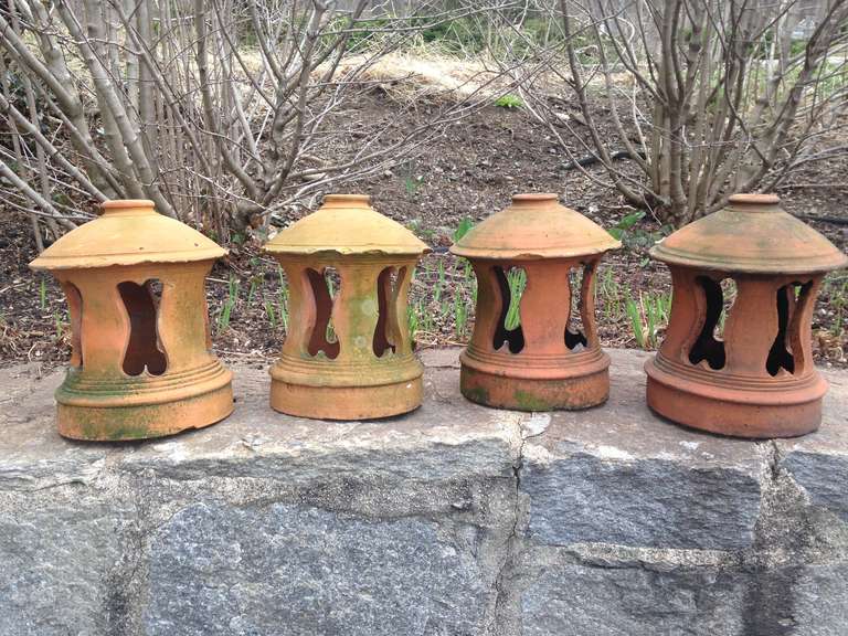 We love these unusual terracotta cowls that originally topped chimney pots to protect and vent fireplaces. It is rare to find an identical set of four that have already spent time in the garden and so have a lovely green surface. Perfect with fat