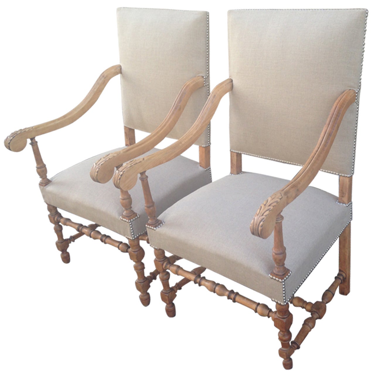 Elegant Pair of Large Beech Louis XIV Style Fauteuils or Throne Chairs
