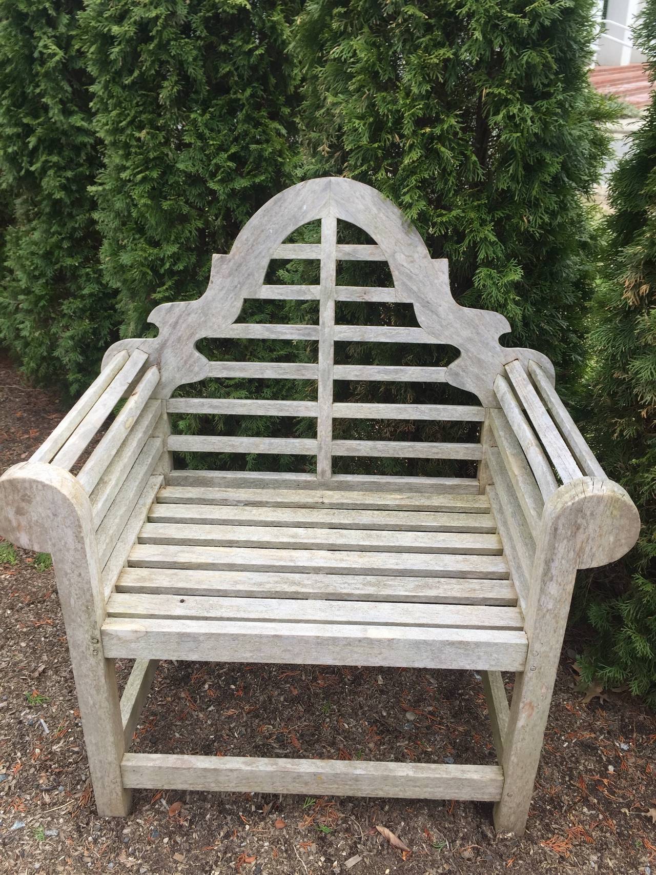 It is very unusual to find a long bench and a pair of chairs in the Classic Lutyens pattern, but here they are! Beautifully silvered, but very clean (no lichen), this hand-pegged and very sturdy teak set will give you decades of enjoyment on your