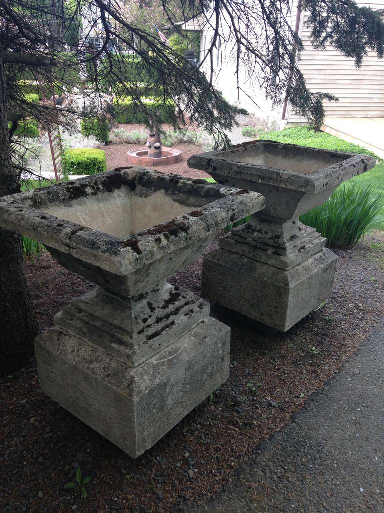 Pair of Magnificent French Stone Urns on Plinths For Sale at 1stdibs