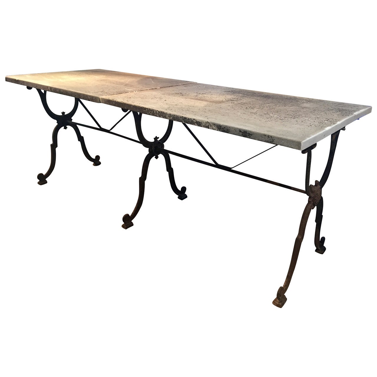 Signed 19th Century Long French Cast Iron Dining Table with Marble Top