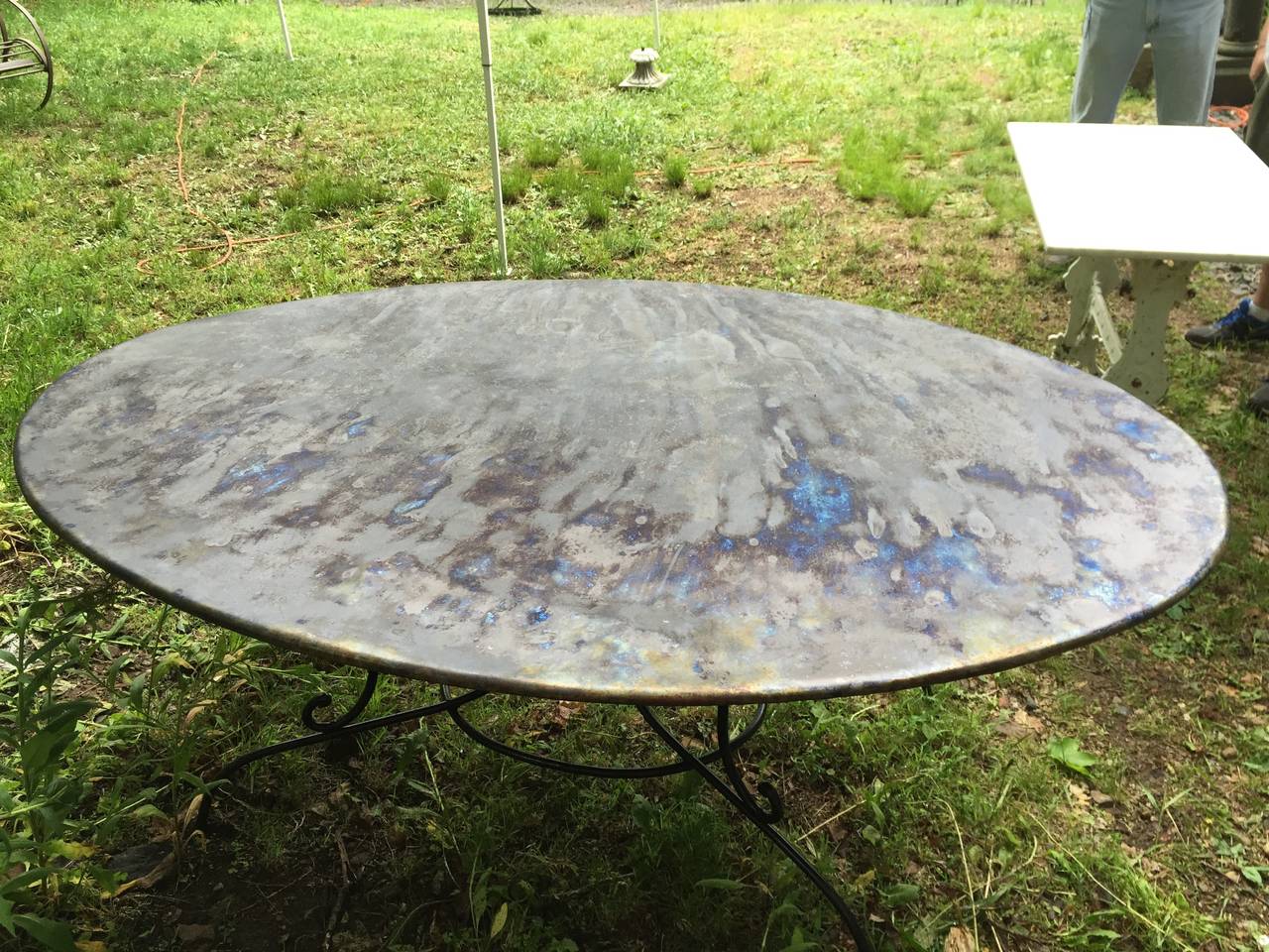 We love this fabulous table, not only for its commodious size (will seat eight-ten, depending on chair size), but for its amazing mottled surface. When we bought it, it really needed a facelift, so we went to work, intending only to redo it in