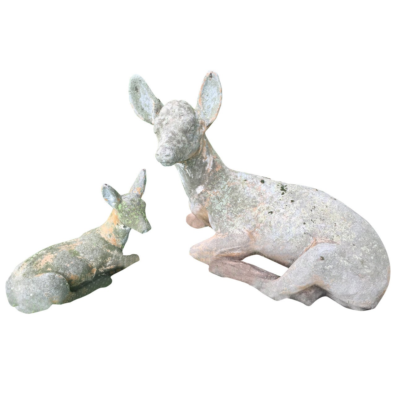 Cast Stone Figures of Recumbent Doe and Fawn