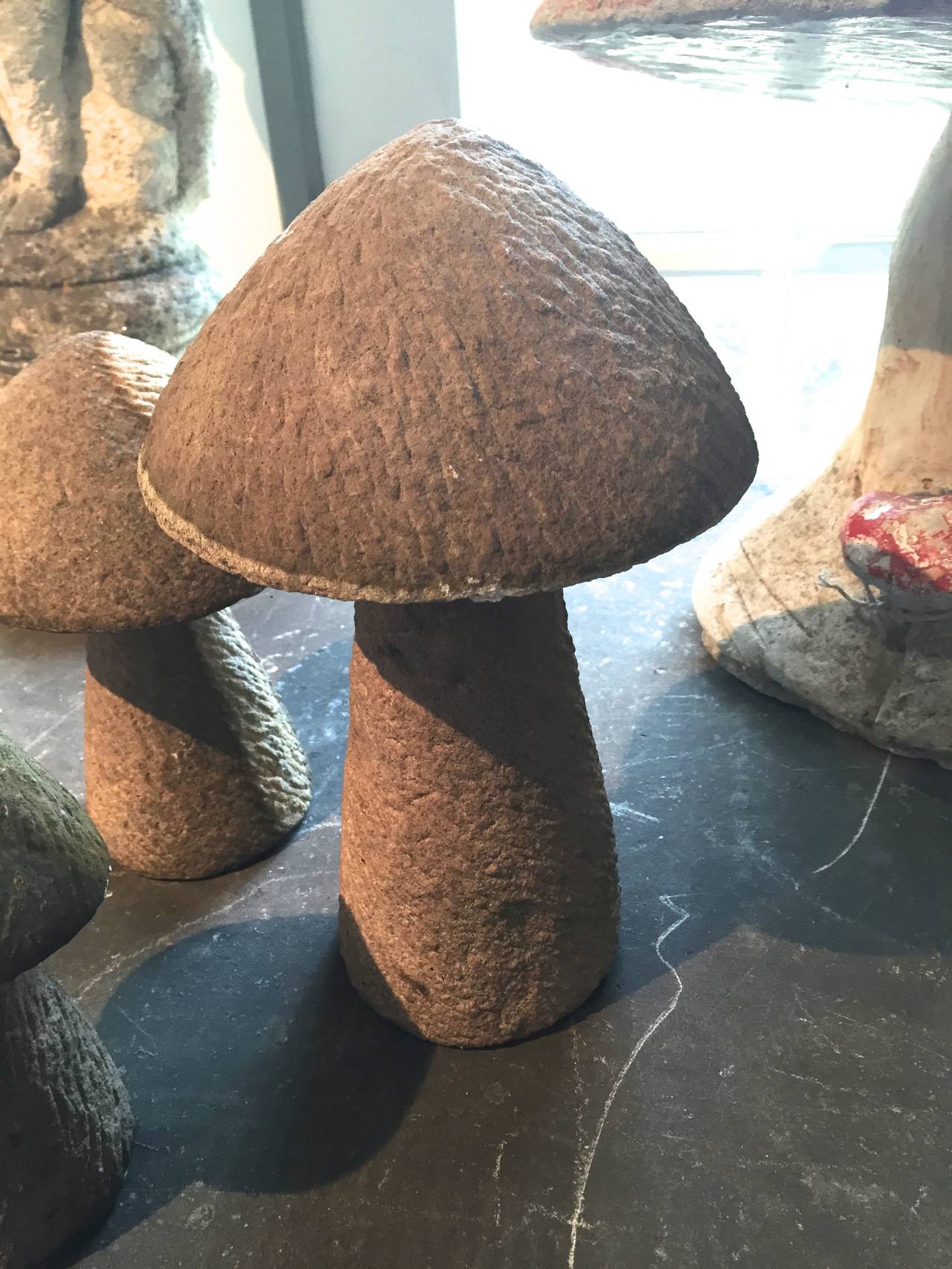 Set of Three Hand-Carved Stone Toadstools In Excellent Condition In Woodbury, CT