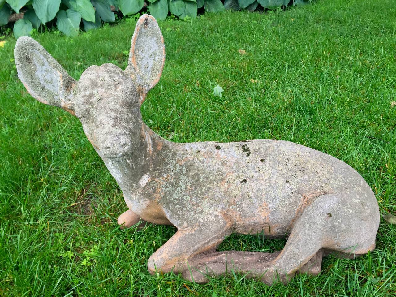 American Cast Stone Figures of Recumbent Doe and Fawn