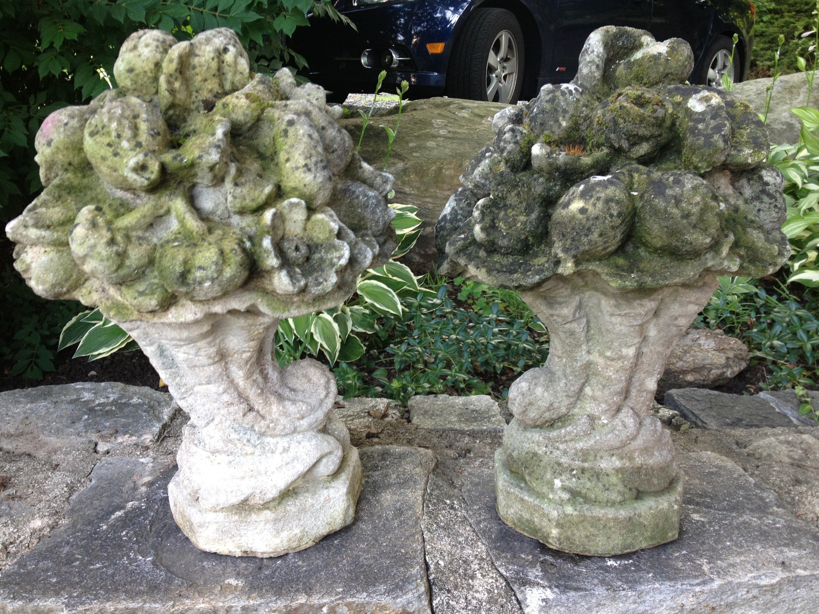 Pair of Mossy Cornucopia Fruit and Flower Baskets