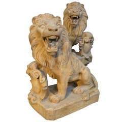 Superb Signed Pair of 19th Century French Terracotta Armorial Lions 1
