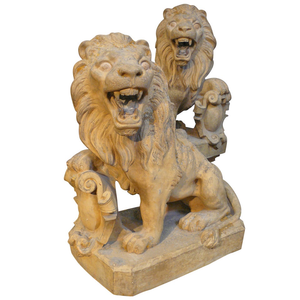 Superb Signed Pair of 19th Century French Terracotta Armorial Lions