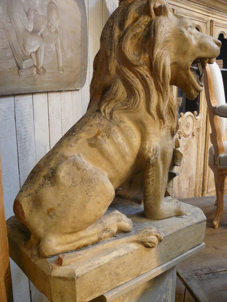 Superb Signed Pair of 19th Century French Terracotta Armorial Lions For Sale 1