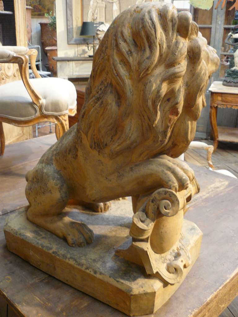 Superb Signed Pair of 19th Century French Terracotta Armorial Lions In Good Condition For Sale In Woodbury, CT
