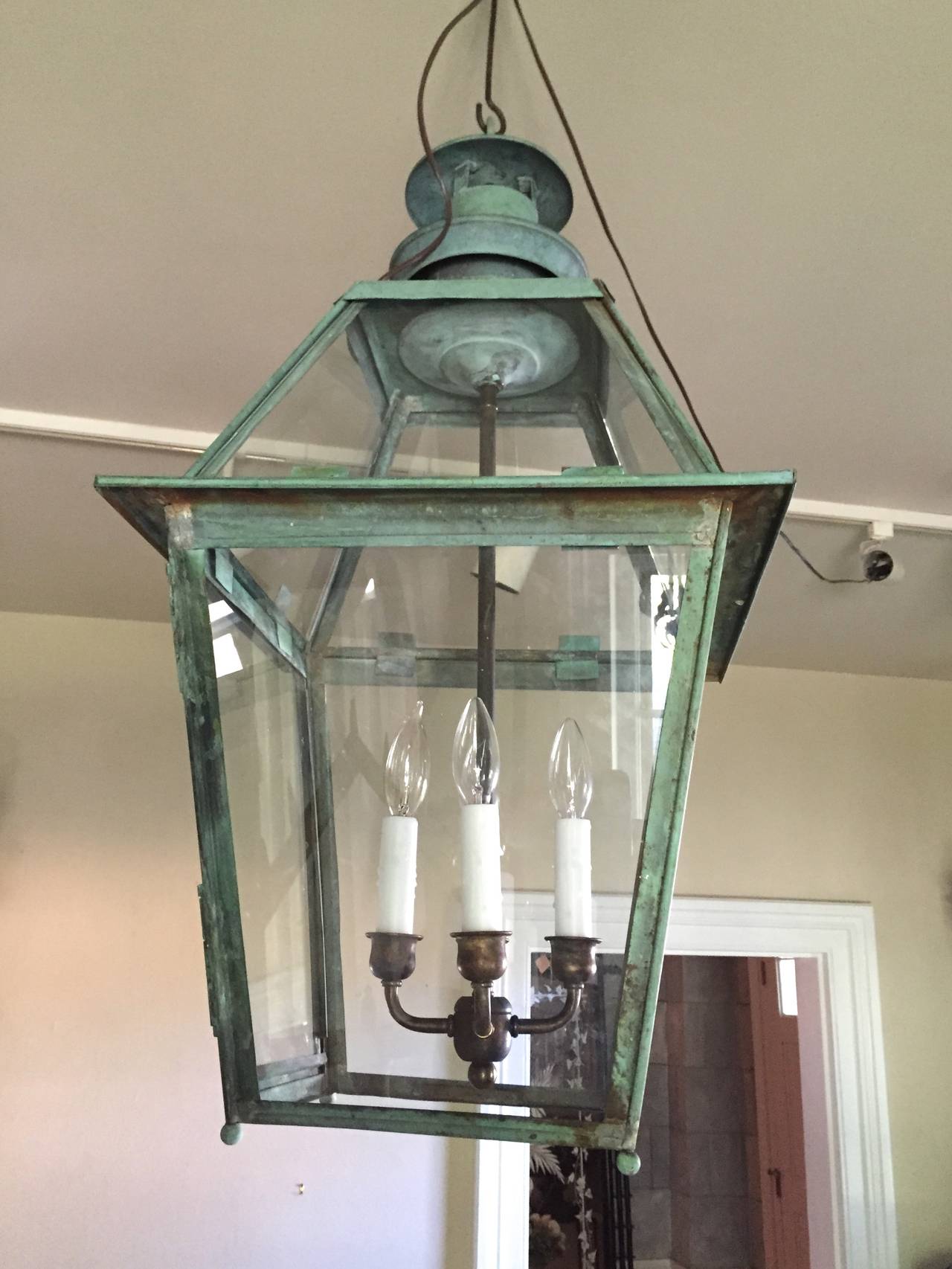 English 19th Century Natural Verdigris Copper Lantern (Englisch) im Angebot