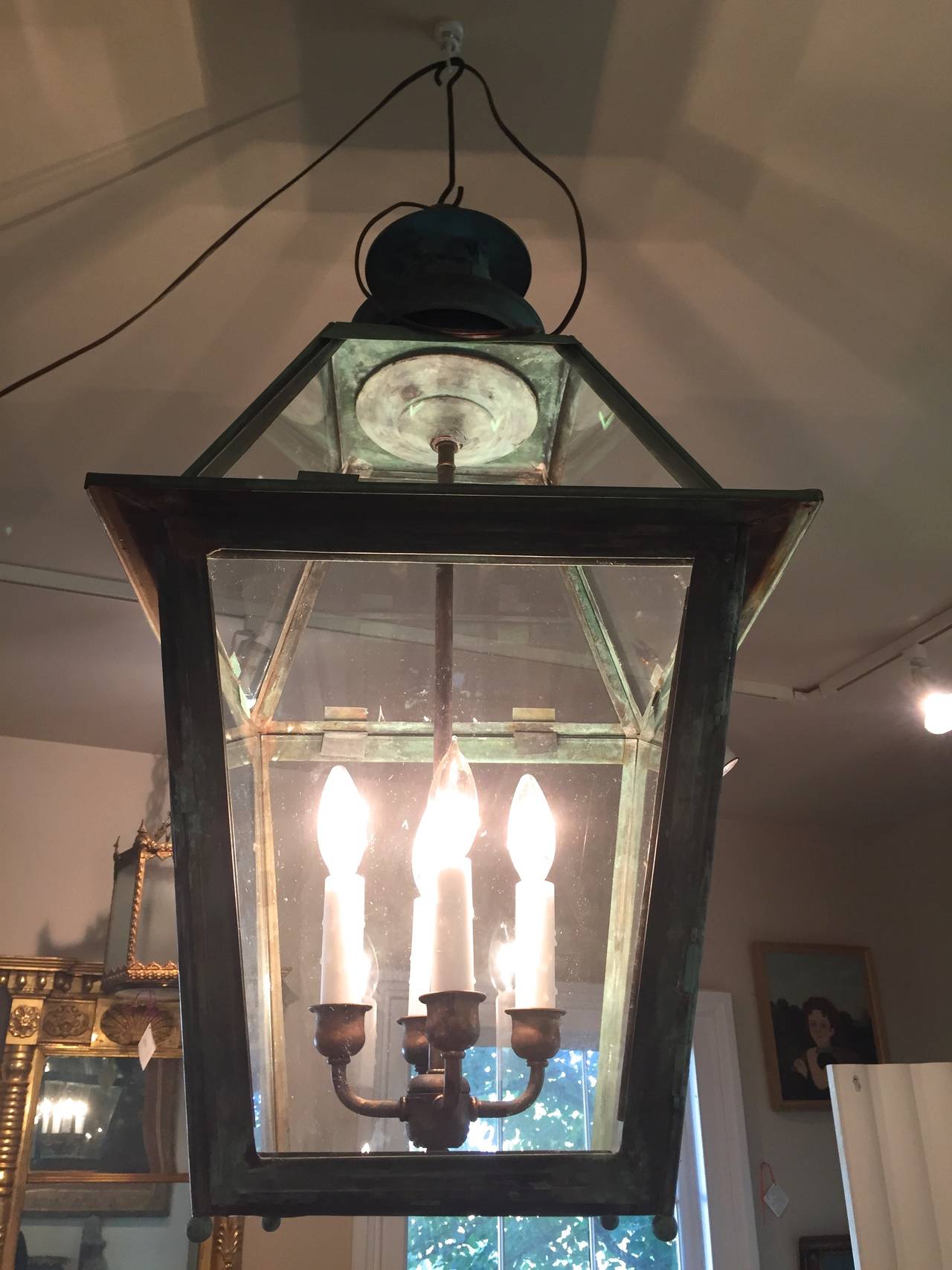 English 19th Century Natural Verdigris Copper Lantern (Spätviktorianisch) im Angebot