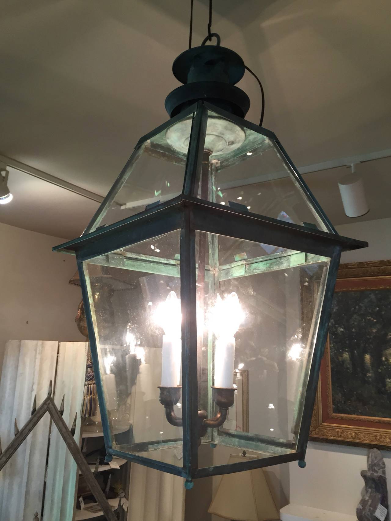English 19th Century Natural Verdigris Copper Lantern (19. Jahrhundert) im Angebot