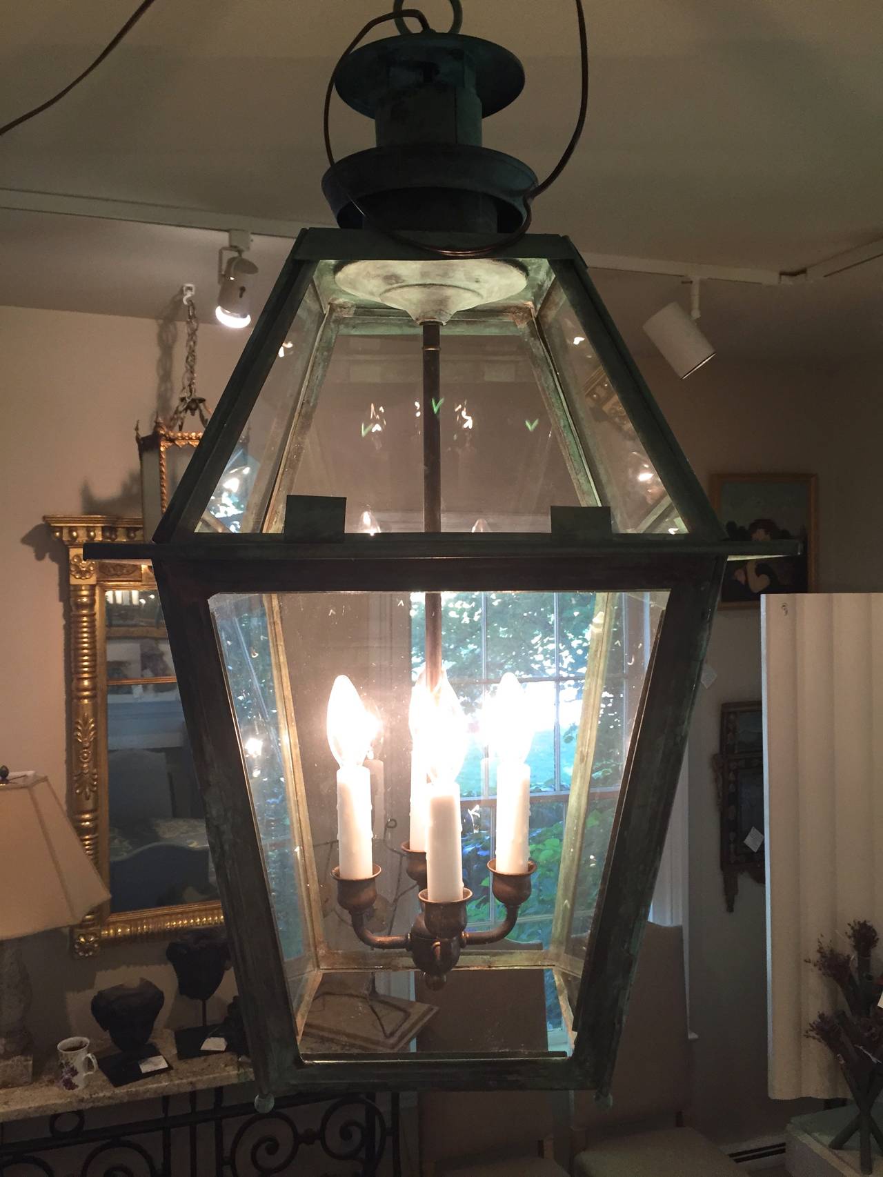 English 19th Century Natural Verdigris Copper Lantern im Angebot 1
