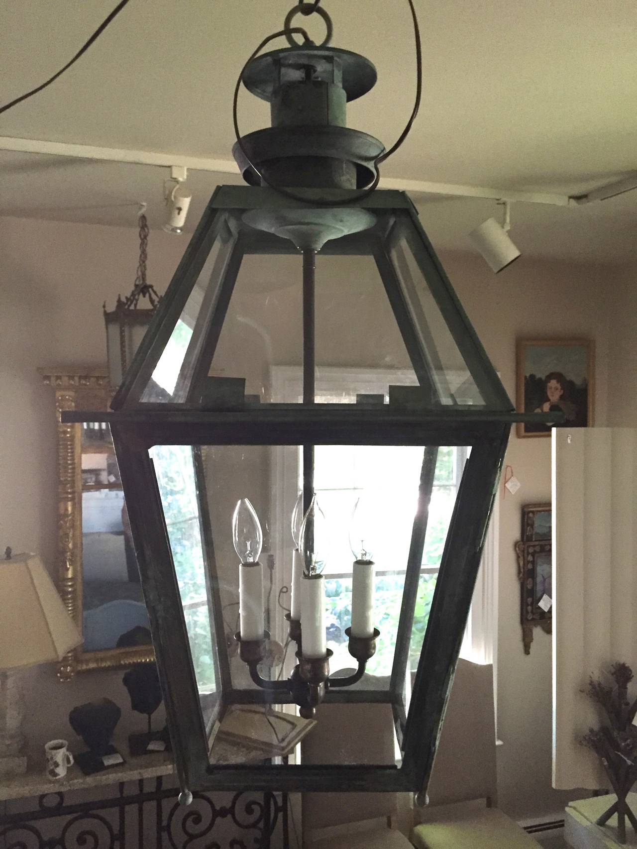 English 19th Century Natural Verdigris Copper Lantern In Good Condition For Sale In Woodbury, CT