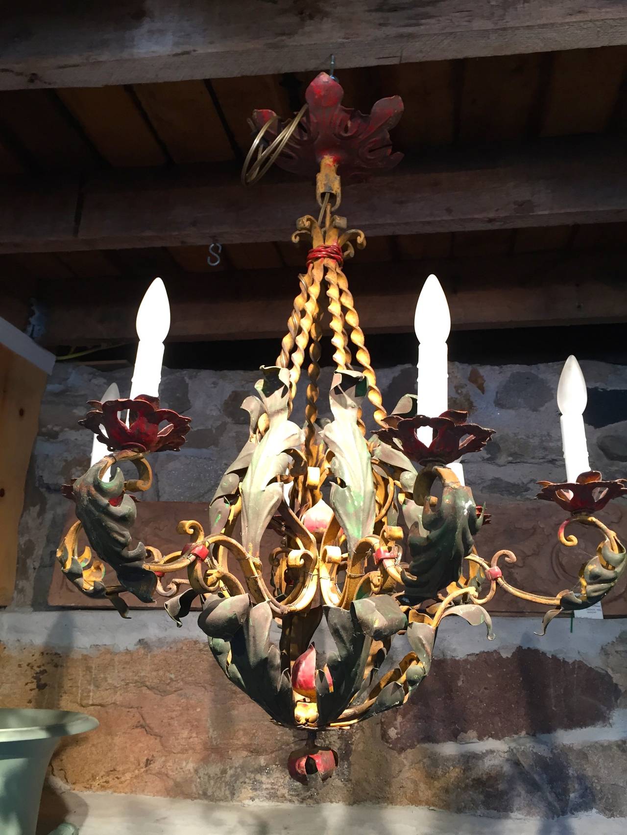 French Wrought Iron Six-Light Chandelier in Original Paint In Excellent Condition In Woodbury, CT