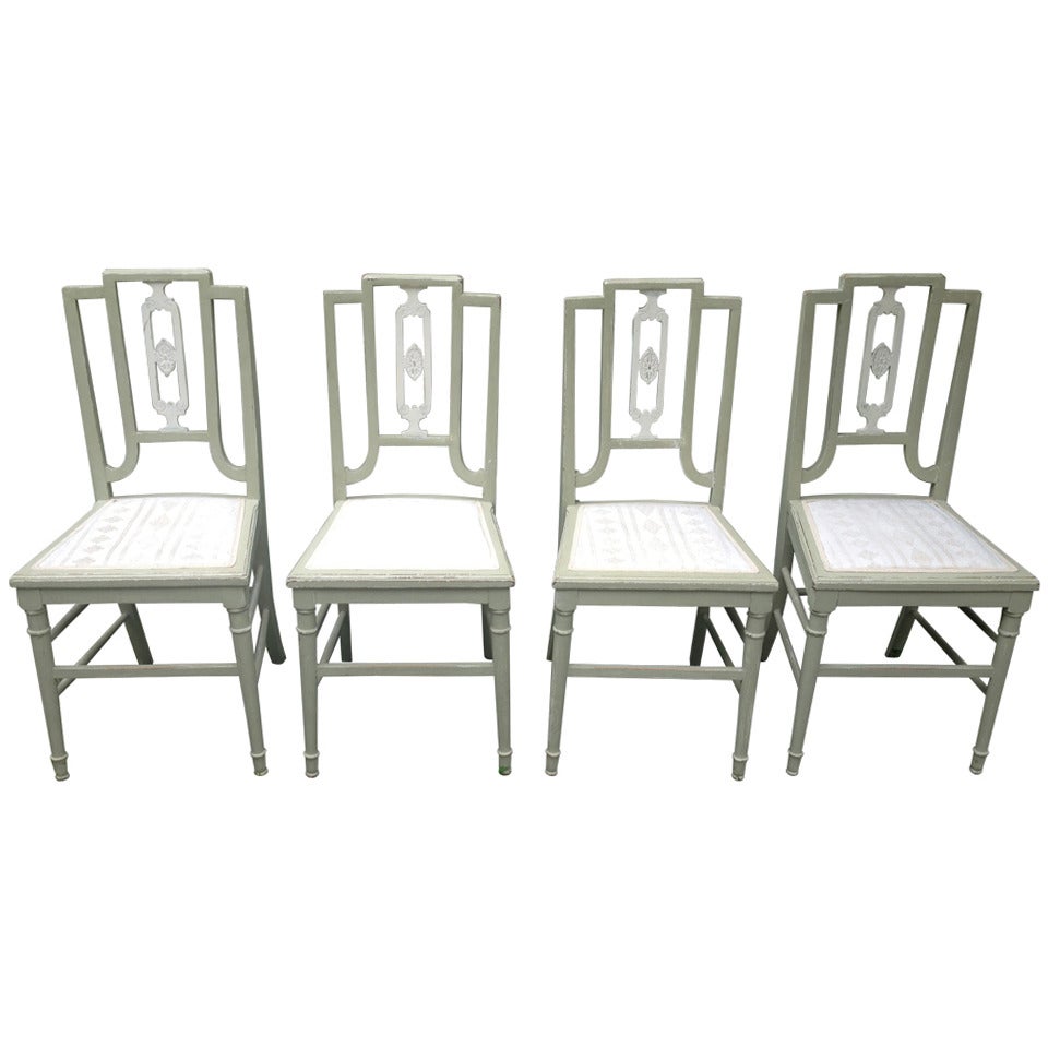 Set of Four Painted Oak Dining Chairs in Sage Green Paint For Sale