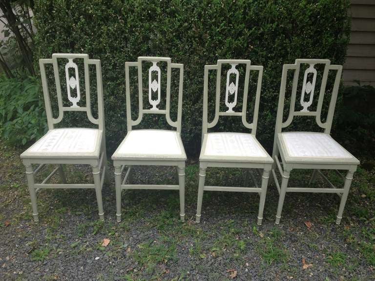 Set of Four Painted Oak Dining Chairs in Sage Green Paint