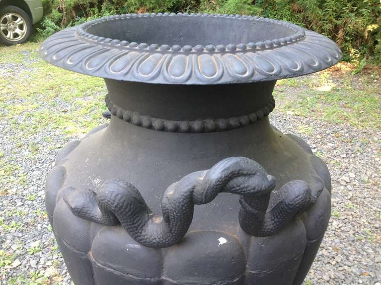 French Impressive Pair of Continental Overscale Cast Iron Urns with Serpent Handles For Sale