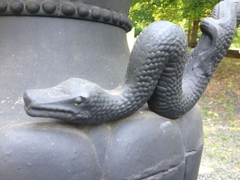 20th Century Impressive Pair of Continental Overscale Cast Iron Urns with Serpent Handles For Sale